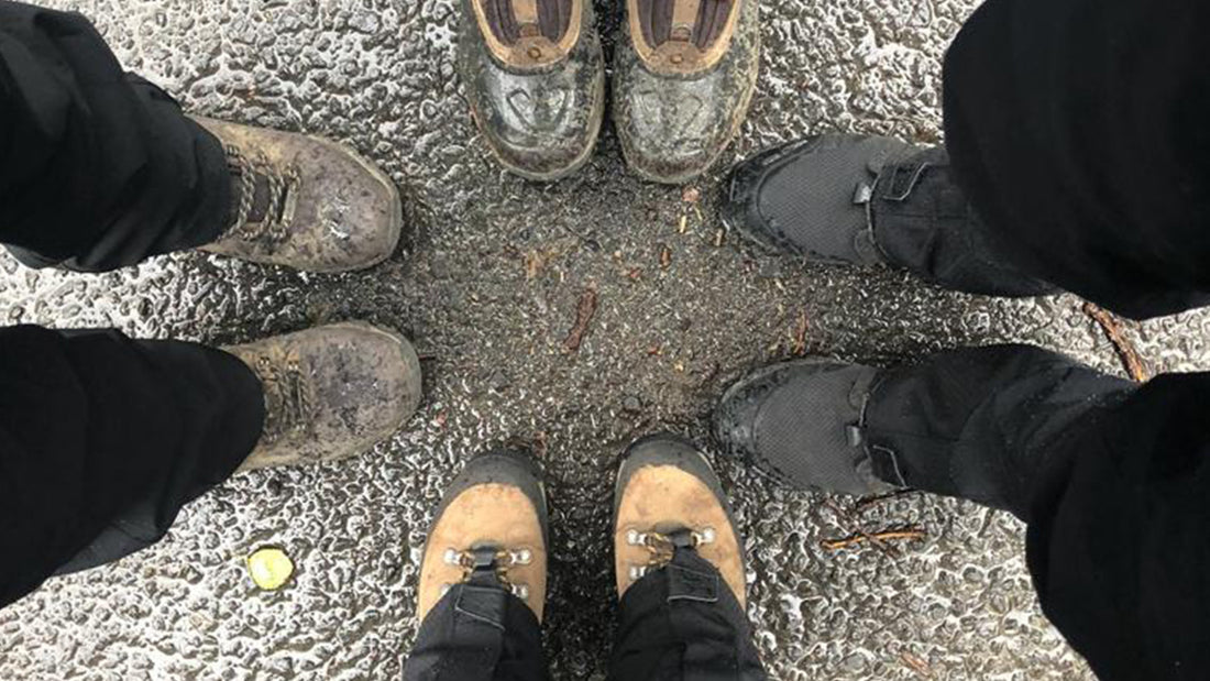 Shot from above four different styles of walking boots